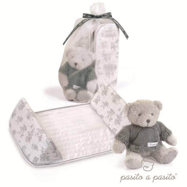 Pasito A Pasito Cale Bébé Toile de Jouy Gris et Peluche Ours